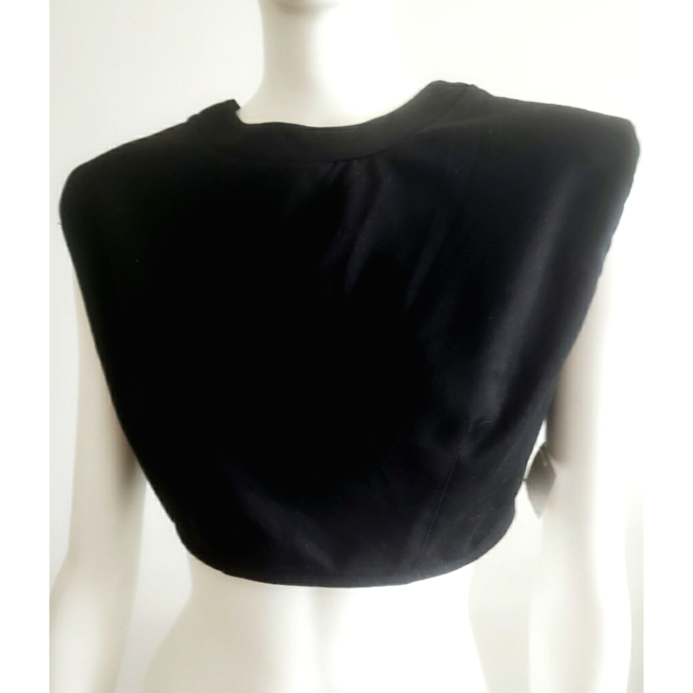 NWT ZARA BLACK CROP TOP WITH PADDED SLEEVES with back button detail